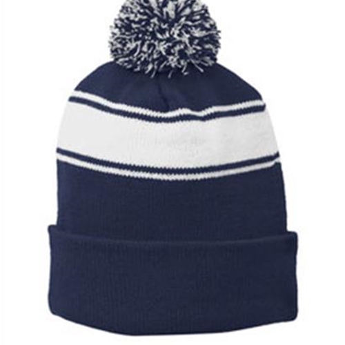 Pittsford Wrestling Sport-Tek Navy/White Stripe Pom Pom Beanie